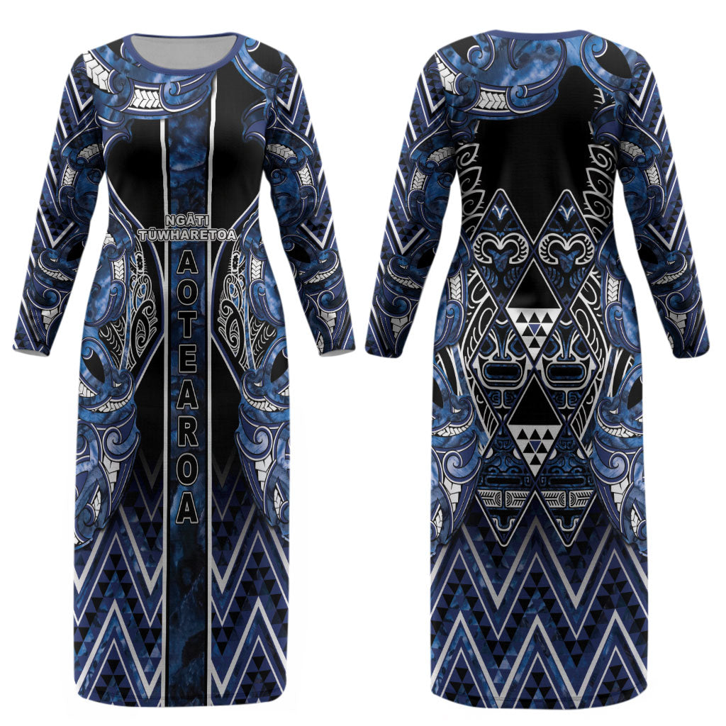 Aotearoa Tuwharetoa Couples Matching Long Sleeve Bodycon Dress and Hawaiian Shirt Maori Tribal Navy Paua Shell Pattern DT05 - Polynesian Pride
