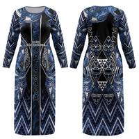 Aotearoa Tuwharetoa Couples Matching Long Sleeve Bodycon Dress and Hawaiian Shirt Maori Tribal Navy Paua Shell Pattern DT05 - Polynesian Pride