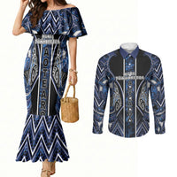 Aotearoa Tuwharetoa Couples Matching Mermaid Dress and Long Sleeve Button Shirt Maori Tribal Navy Paua Shell Pattern DT05 Navy - Polynesian Pride