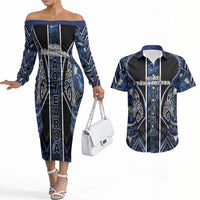 Aotearoa Tuwharetoa Couples Matching Off The Shoulder Long Sleeve Dress and Hawaiian Shirt Maori Tribal Navy Paua Shell Pattern DT05 Navy - Polynesian Pride