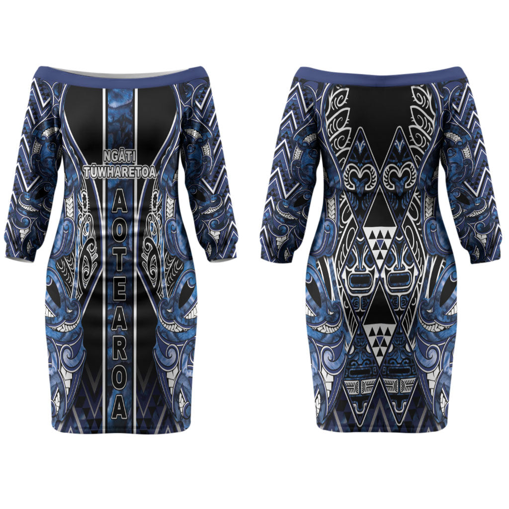 Aotearoa Tuwharetoa Couples Matching Off The Shoulder Long Sleeve Dress and Hawaiian Shirt Maori Tribal Navy Paua Shell Pattern DT05 - Polynesian Pride