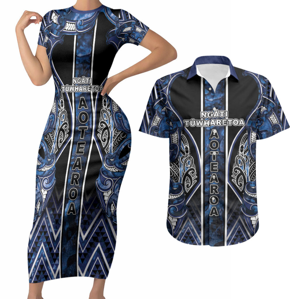 Aotearoa Tuwharetoa Couples Matching Short Sleeve Bodycon Dress and Hawaiian Shirt Maori Tribal Navy Paua Shell Pattern DT05 Navy - Polynesian Pride