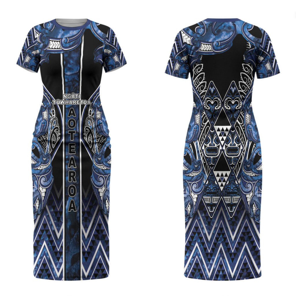Aotearoa Tuwharetoa Couples Matching Short Sleeve Bodycon Dress and Hawaiian Shirt Maori Tribal Navy Paua Shell Pattern DT05 - Polynesian Pride