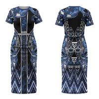 Aotearoa Tuwharetoa Couples Matching Short Sleeve Bodycon Dress and Hawaiian Shirt Maori Tribal Navy Paua Shell Pattern DT05 - Polynesian Pride