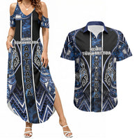 Aotearoa Tuwharetoa Couples Matching Summer Maxi Dress and Hawaiian Shirt Maori Tribal Navy Paua Shell Pattern DT05 Navy - Polynesian Pride