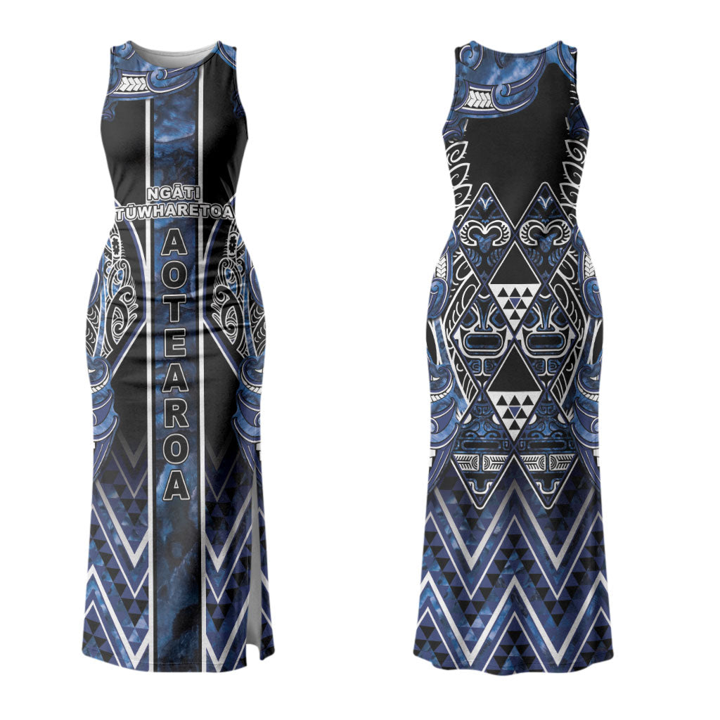 Aotearoa Tuwharetoa Couples Matching Tank Maxi Dress and Long Sleeve Button Shirt Maori Tribal Navy Paua Shell Pattern DT05 - Polynesian Pride