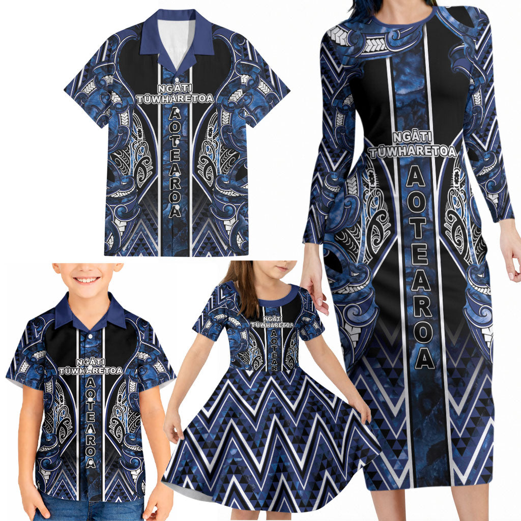 Aotearoa Tuwharetoa Family Matching Long Sleeve Bodycon Dress and Hawaiian Shirt Maori Tribal Navy Paua Shell Pattern DT05 - Polynesian Pride
