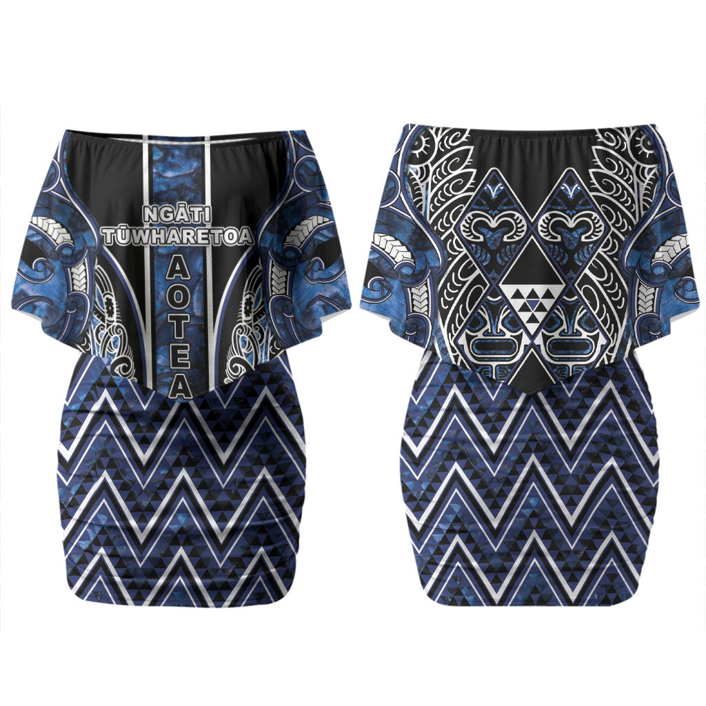 Aotearoa Tuwharetoa Family Matching Off Shoulder Short Dress and Hawaiian Shirt Maori Tribal Navy Paua Shell Pattern DT05 Mom's Dress Navy - Polynesian Pride