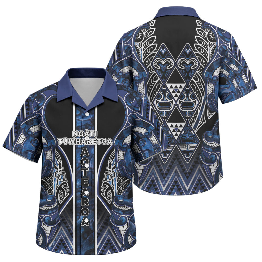 Aotearoa Tuwharetoa Family Matching Off Shoulder Short Dress and Hawaiian Shirt Maori Tribal Navy Paua Shell Pattern DT05 Son's Shirt Navy - Polynesian Pride