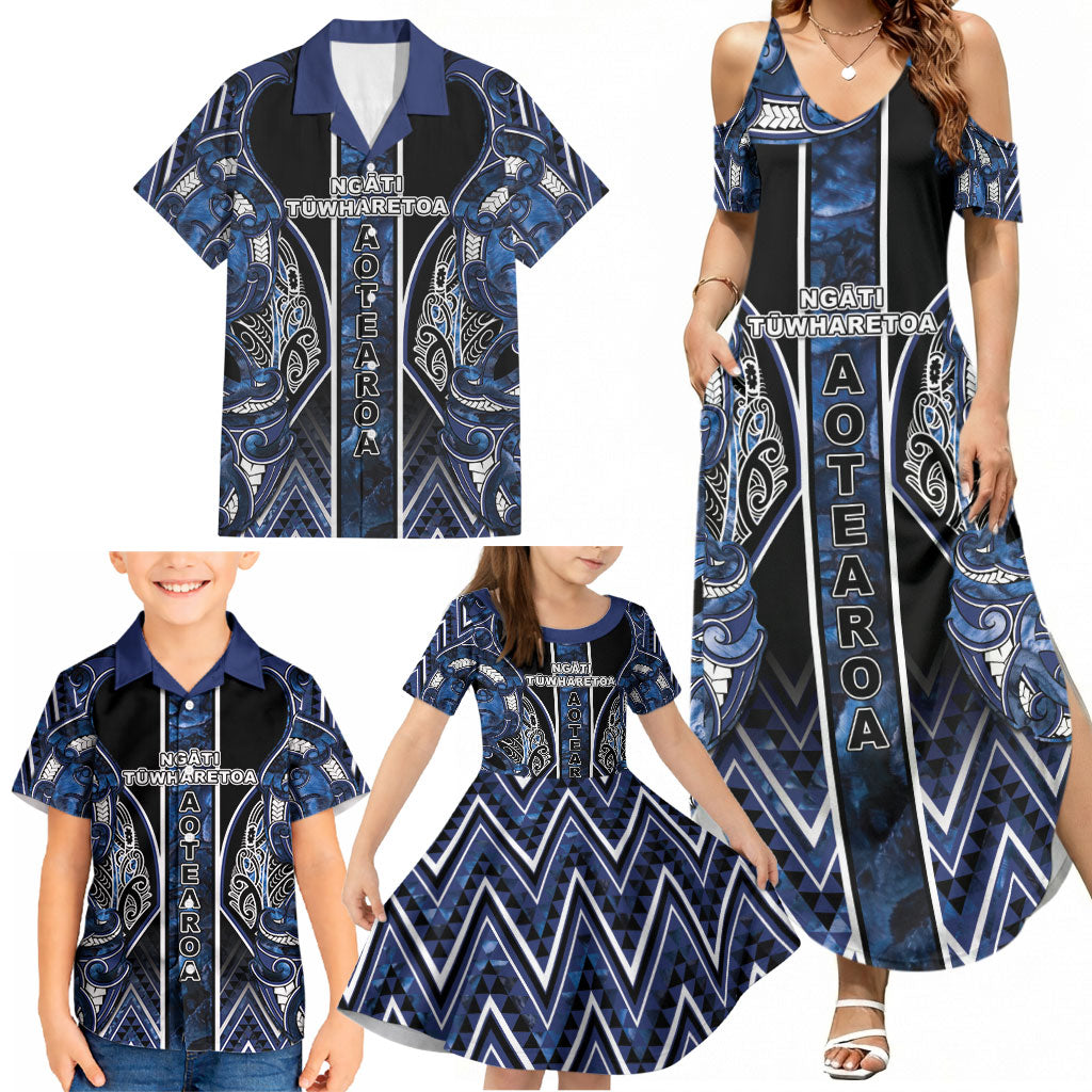 Aotearoa Tuwharetoa Family Matching Summer Maxi Dress and Hawaiian Shirt Maori Tribal Navy Paua Shell Pattern