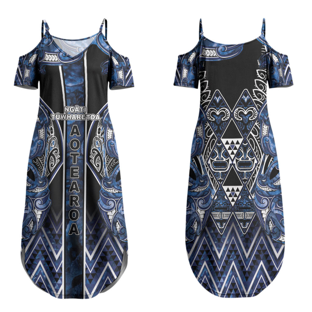 Aotearoa Tuwharetoa Family Matching Summer Maxi Dress and Hawaiian Shirt Maori Tribal Navy Paua Shell Pattern DT05 Mom's Dress Navy - Polynesian Pride
