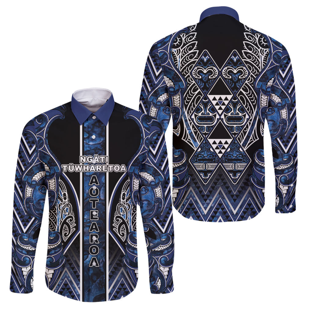 Aotearoa Tuwharetoa Family Matching Summer Maxi Dress and Hawaiian Shirt Maori Tribal Navy Paua Shell Pattern DT05 Dad's Shirt - Long Sleeve Navy - Polynesian Pride