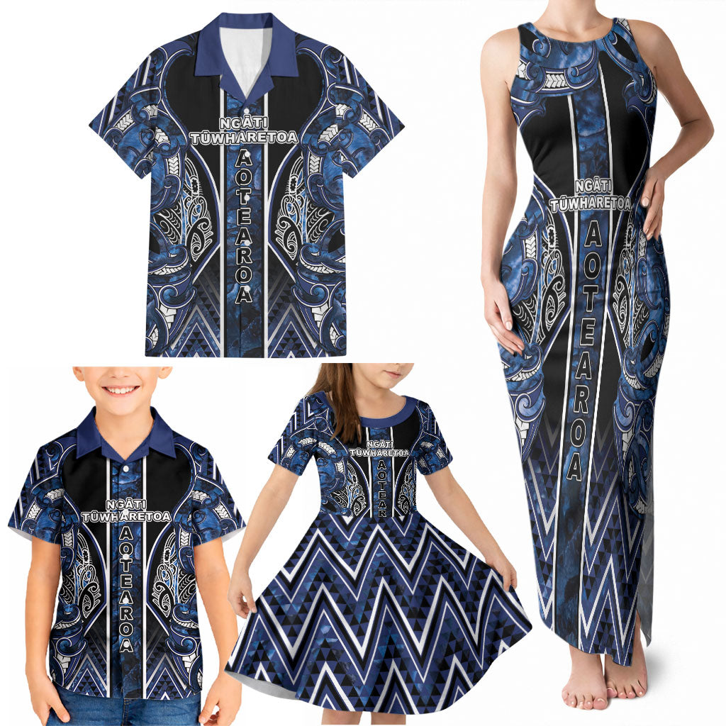 Aotearoa Tuwharetoa Family Matching Tank Maxi Dress and Hawaiian Shirt Maori Tribal Navy Paua Shell Pattern DT05 - Polynesian Pride