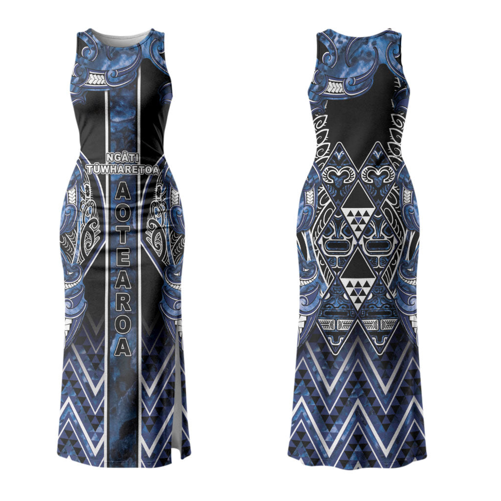 Aotearoa Tuwharetoa Family Matching Tank Maxi Dress and Hawaiian Shirt Maori Tribal Navy Paua Shell Pattern DT05 Mom's Dress Navy - Polynesian Pride