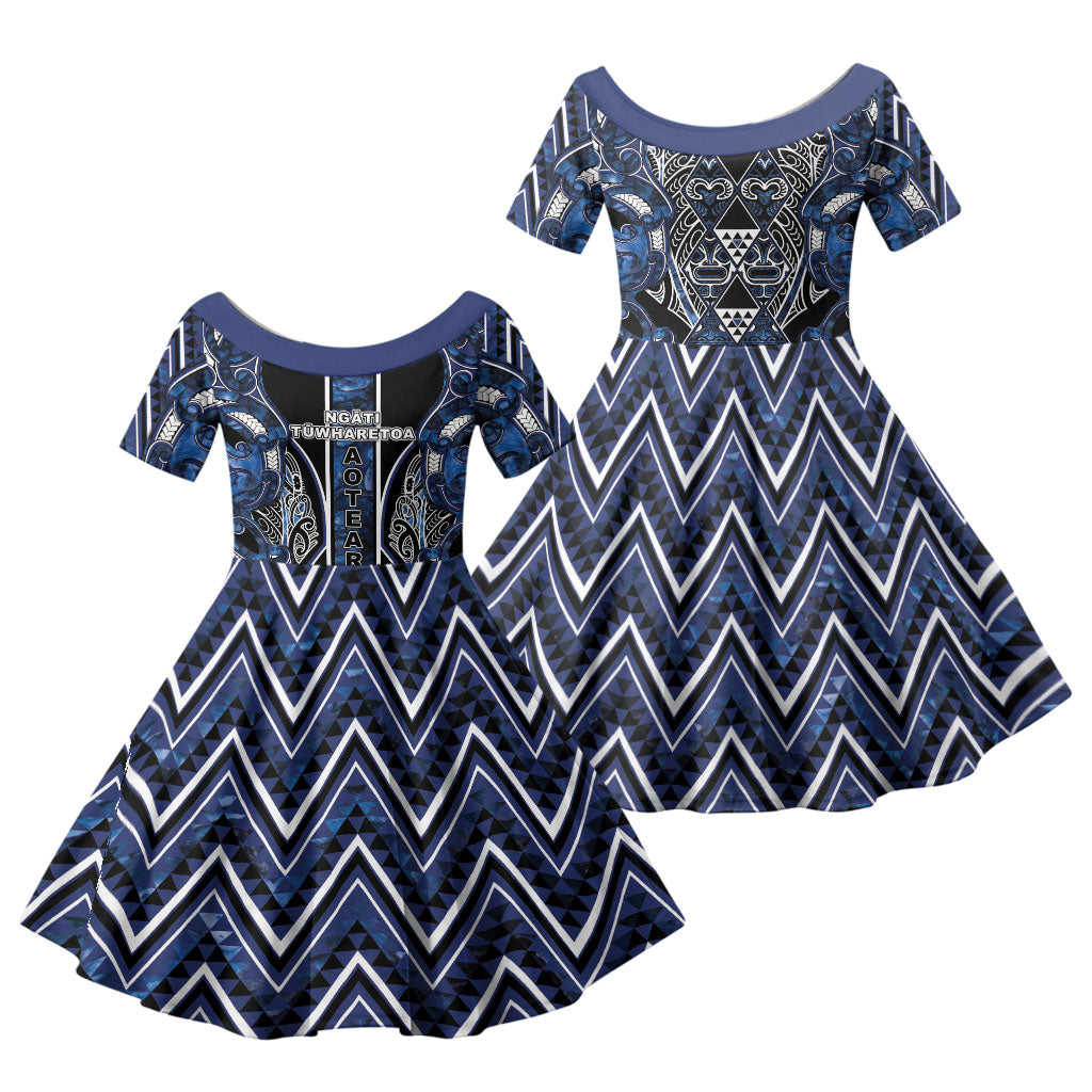 Aotearoa Tuwharetoa Family Matching Tank Maxi Dress and Hawaiian Shirt Maori Tribal Navy Paua Shell Pattern DT05 Daughter's Dress Navy - Polynesian Pride