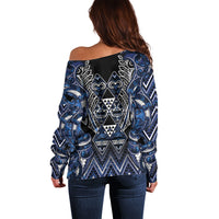Aotearoa Tuwharetoa Off Shoulder Sweater Maori Tribal Navy Paua Shell Pattern DT05 - Polynesian Pride