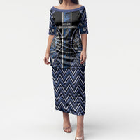 Aotearoa Tuwharetoa Puletasi Maori Tribal Navy Paua Shell Pattern DT05 Long Dress Navy - Polynesian Pride