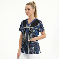 Aotearoa Tuwharetoa Scrub Top Maori Tribal Navy Paua Shell Pattern DT05 - Polynesian Pride