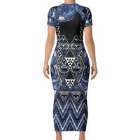 Aotearoa Tuwharetoa Short Sleeve Bodycon Dress Maori Tribal Navy Paua Shell Pattern DT05 - Polynesian Pride