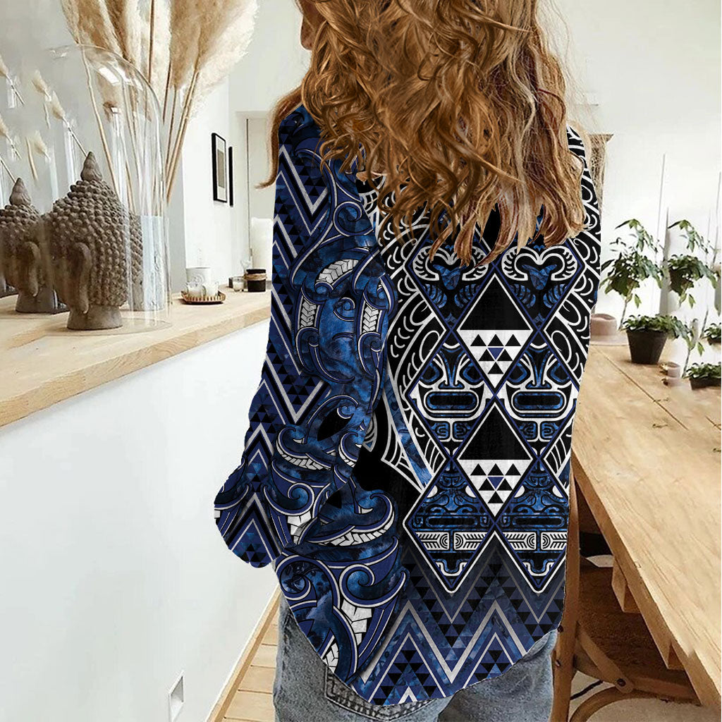 Aotearoa Tuwharetoa Women Casual Shirt Maori Tribal Navy Paua Shell Pattern DT05 - Polynesian Pride