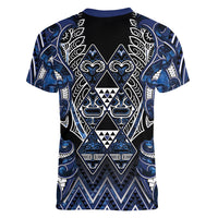 Aotearoa Tuwharetoa Women V-Neck T-Shirt Maori Tribal Navy Paua Shell Pattern DT05 - Polynesian Pride