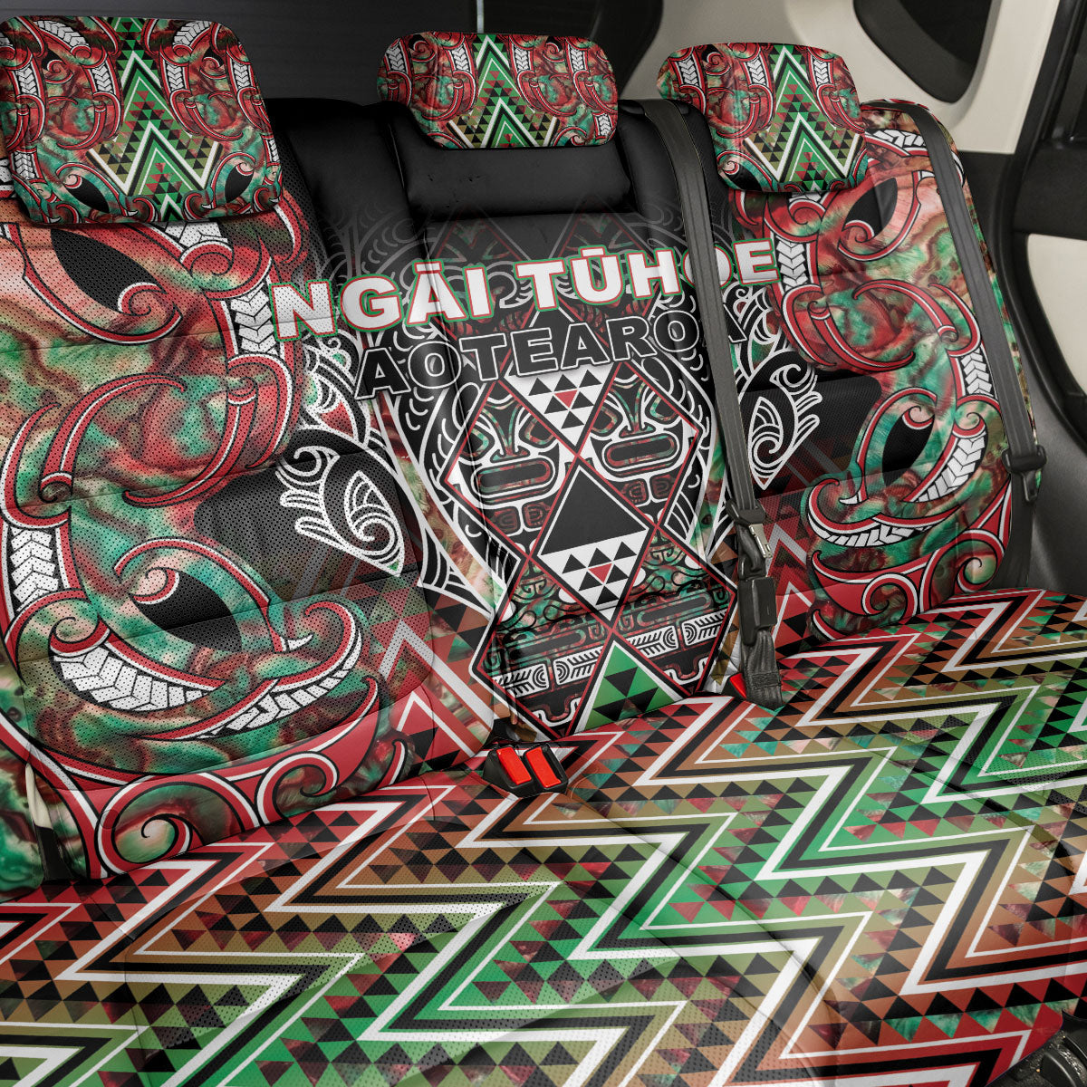 Aotearoa Ngai Tuhoe Back Car Seat Cover Maori Tribal Red And Green Paua Shell Pattern DT05 - Polynesian Pride