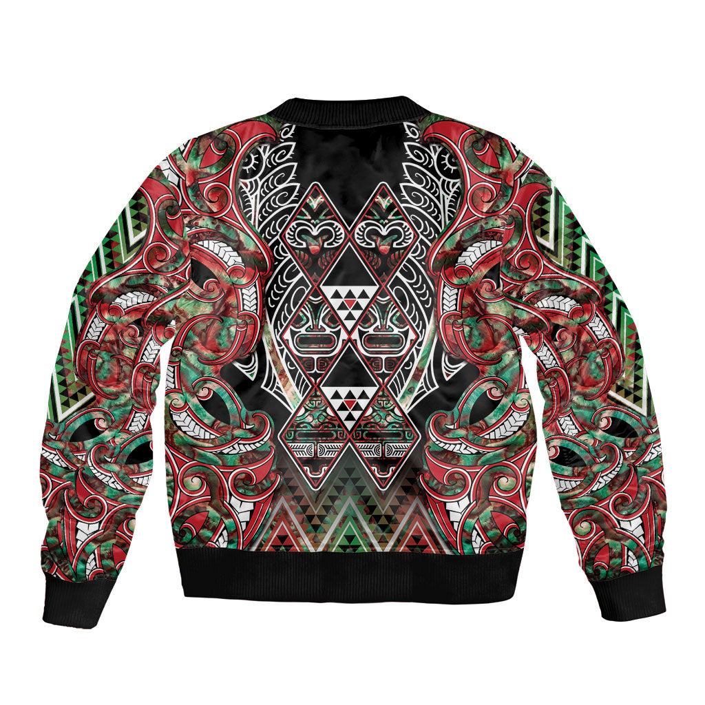 Aotearoa Ngai Tuhoe Bomber Jacket Maori Tribal Red And Green Paua Shell Pattern DT05 - Polynesian Pride