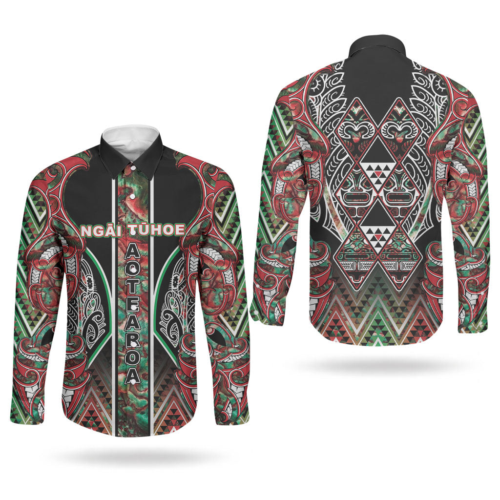 Aotearoa Ngai Tuhoe Couples Matching Mermaid Dress and Long Sleeve Button Shirt Maori Tribal Red And Green Paua Shell Pattern DT05 - Polynesian Pride