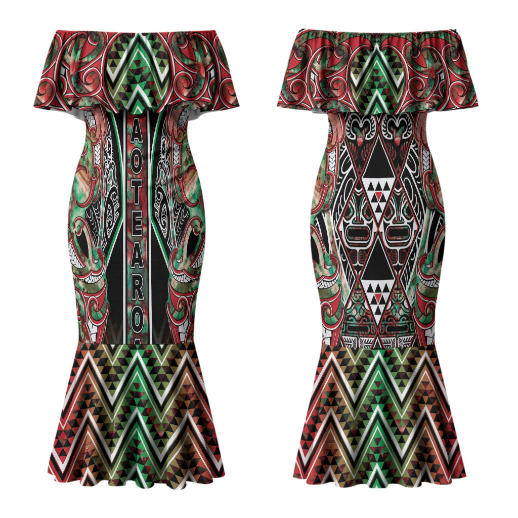 Aotearoa Ngai Tuhoe Couples Matching Mermaid Dress and Long Sleeve Button Shirt Maori Tribal Red And Green Paua Shell Pattern DT05 - Polynesian Pride