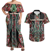 Aotearoa Ngai Tuhoe Couples Matching Off Shoulder Maxi Dress and Hawaiian Shirt Maori Tribal Red And Green Paua Shell Pattern DT05 Red - Polynesian Pride