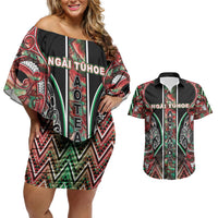 Aotearoa Ngai Tuhoe Couples Matching Off Shoulder Short Dress and Hawaiian Shirt Maori Tribal Red And Green Paua Shell Pattern DT05 Red - Polynesian Pride