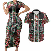 Aotearoa Ngai Tuhoe Couples Matching Short Sleeve Bodycon Dress and Hawaiian Shirt Maori Tribal Red And Green Paua Shell Pattern DT05 Red - Polynesian Pride