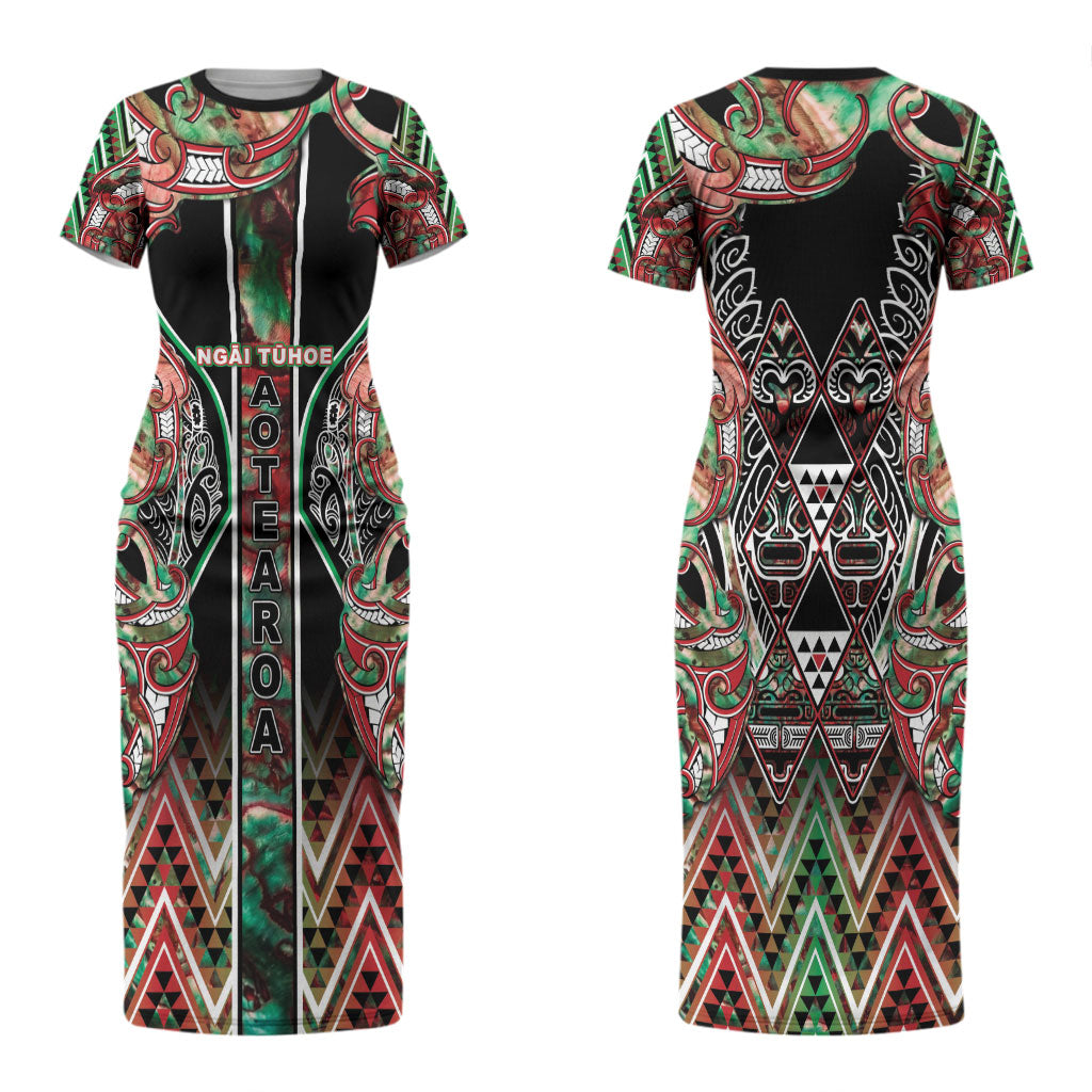 Aotearoa Ngai Tuhoe Couples Matching Short Sleeve Bodycon Dress and Hawaiian Shirt Maori Tribal Red And Green Paua Shell Pattern DT05 - Polynesian Pride