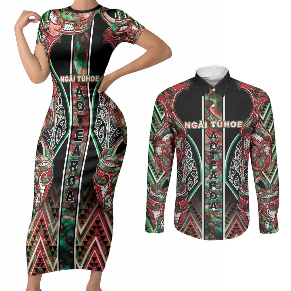 Aotearoa Ngai Tuhoe Couples Matching Short Sleeve Bodycon Dress and Long Sleeve Button Shirt Maori Tribal Red And Green Paua Shell Pattern DT05 Red - Polynesian Pride