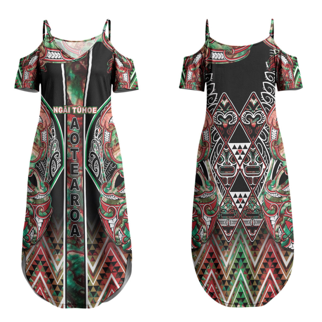 Aotearoa Ngai Tuhoe Couples Matching Summer Maxi Dress and Hawaiian Shirt Maori Tribal Red And Green Paua Shell Pattern DT05 - Polynesian Pride