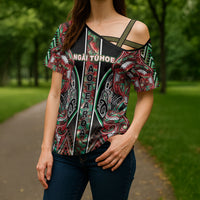 Aotearoa Ngai Tuhoe Cross Shoulder Shirt Maori Tribal Red And Green Paua Shell Pattern DT05 - Polynesian Pride