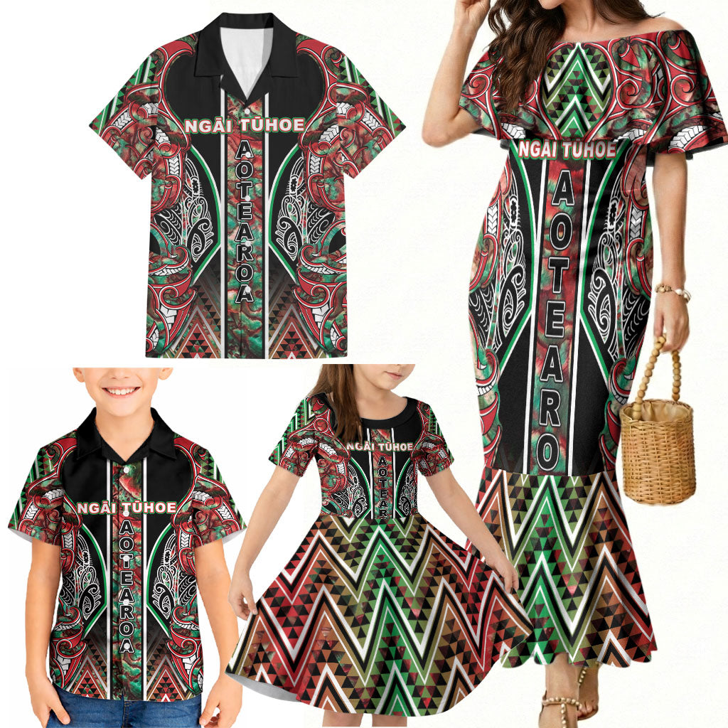 Aotearoa Ngai Tuhoe Family Matching Mermaid Dress and Hawaiian Shirt Maori Tribal Red And Green Paua Shell Pattern DT05 - Polynesian Pride