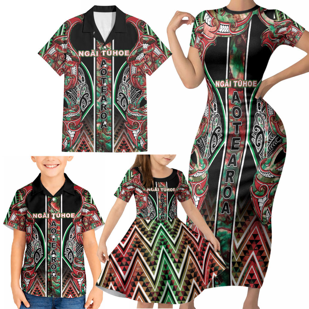 Aotearoa Ngai Tuhoe Family Matching Short Sleeve Bodycon Dress and Hawaiian Shirt Maori Tribal Red And Green Paua Shell Pattern DT05 - Polynesian Pride