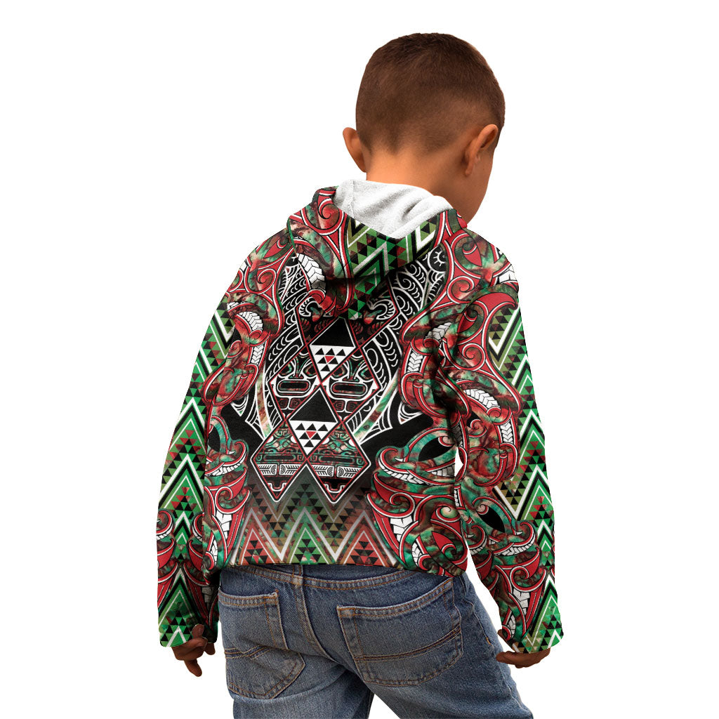 Aotearoa Ngai Tuhoe Kid Hoodie Maori Tribal Red And Green Paua Shell Pattern DT05 - Polynesian Pride