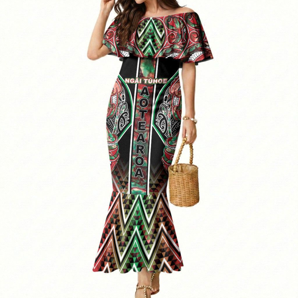Aotearoa Ngai Tuhoe Mermaid Dress Maori Tribal Red And Green Paua Shell Pattern DT05 Women Red - Polynesian Pride