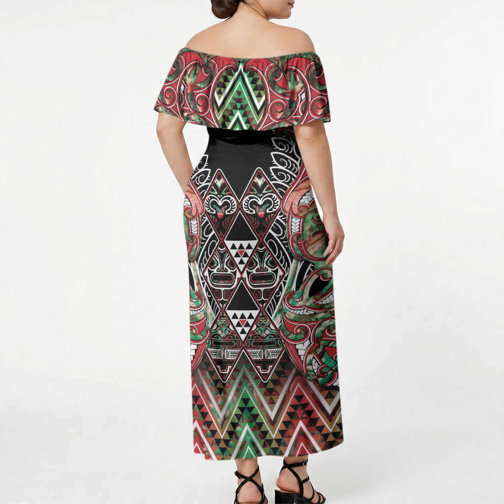 Aotearoa Ngai Tuhoe Off Shoulder Maxi Dress Maori Tribal Red And Green Paua Shell Pattern DT05 - Polynesian Pride