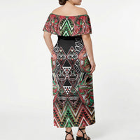 Aotearoa Ngai Tuhoe Off Shoulder Maxi Dress Maori Tribal Red And Green Paua Shell Pattern DT05 - Polynesian Pride