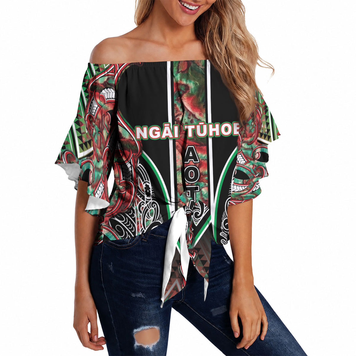 Aotearoa Ngai Tuhoe Off Shoulder Wrap Waist Top Maori Tribal Red And Green Paua Shell Pattern DT05 Red - Polynesian Pride