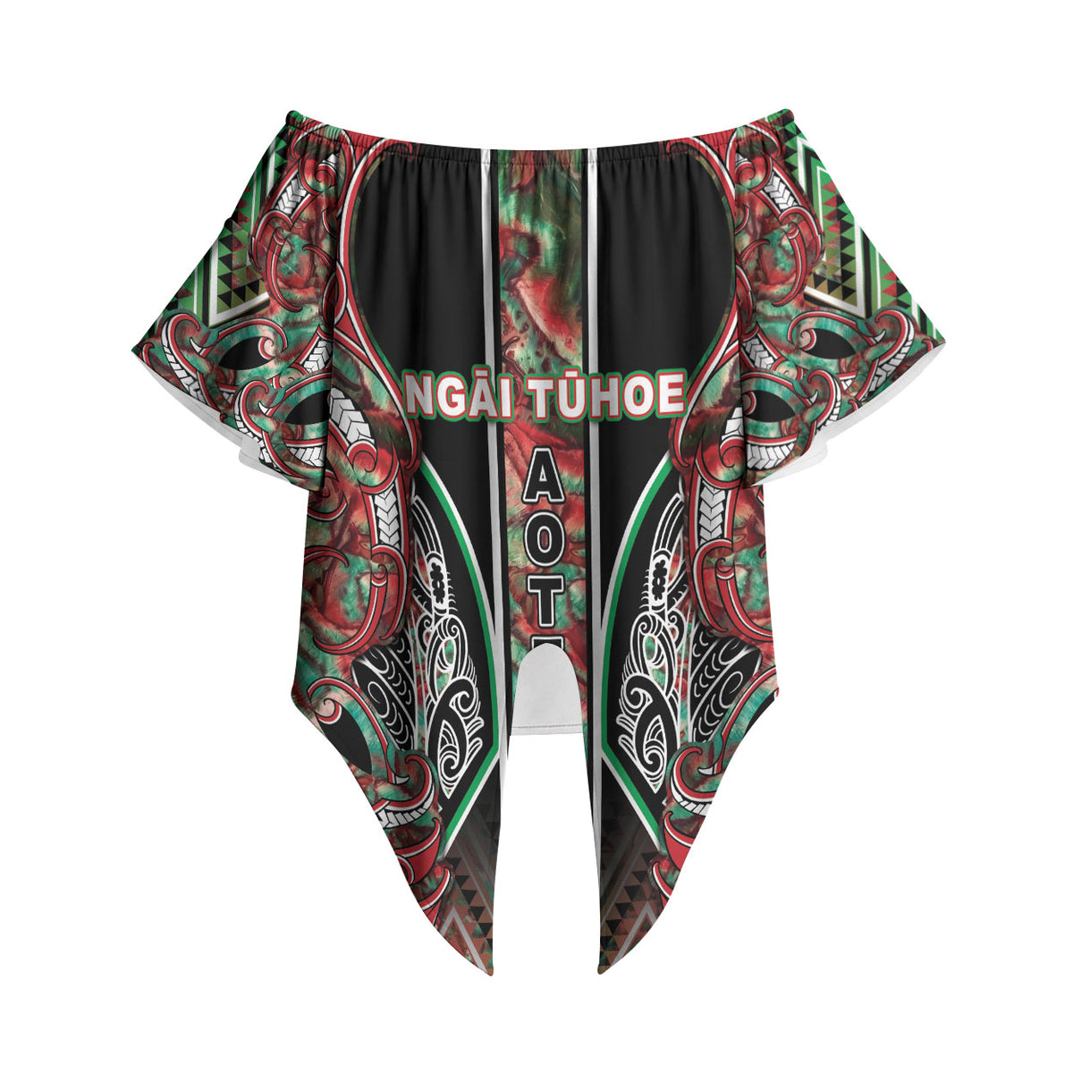Aotearoa Ngai Tuhoe Off Shoulder Wrap Waist Top Maori Tribal Red And Green Paua Shell Pattern DT05 - Polynesian Pride