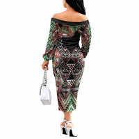 Aotearoa Ngai Tuhoe Off The Shoulder Long Sleeve Dress Maori Tribal Red And Green Paua Shell Pattern DT05 - Polynesian Pride