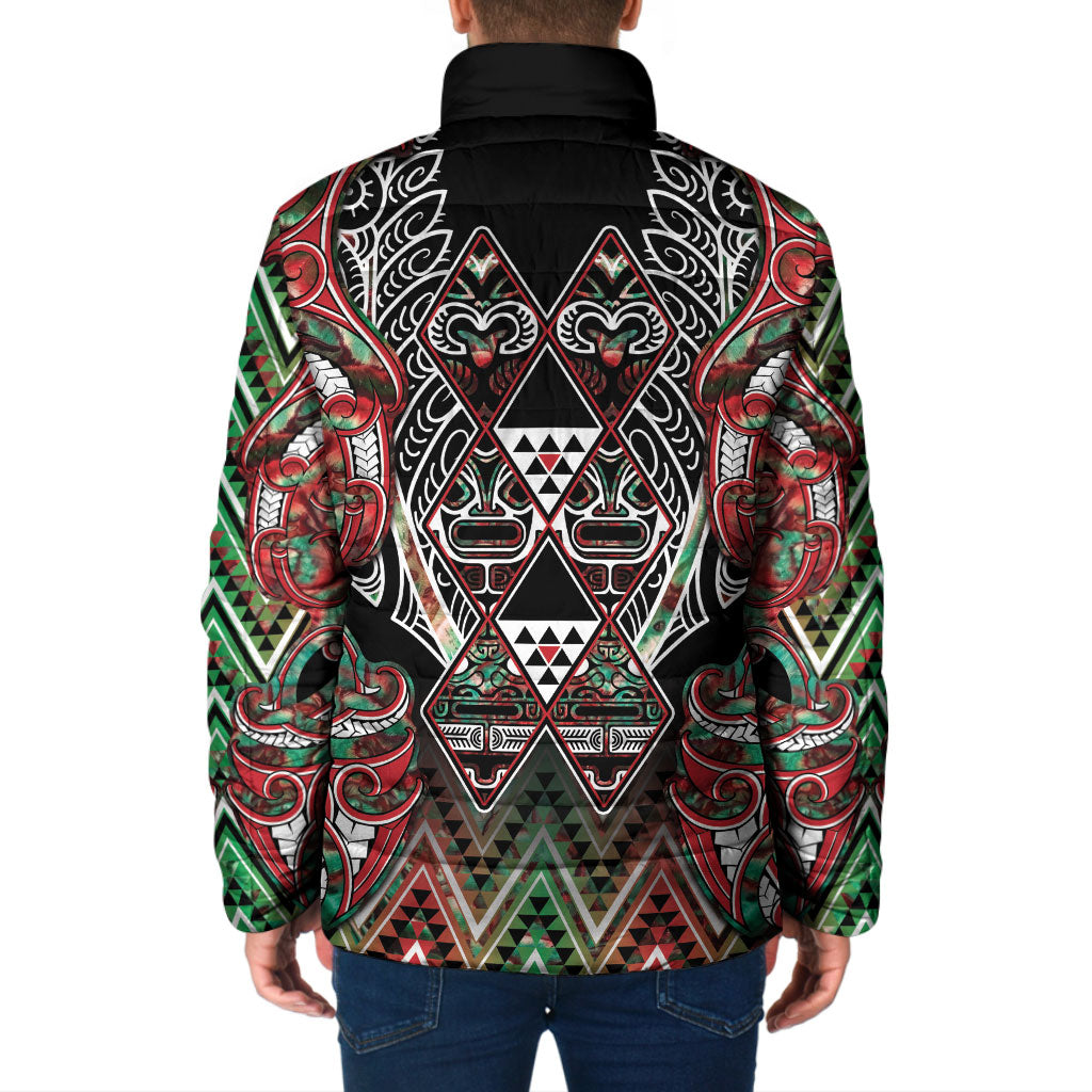 Aotearoa Ngai Tuhoe Padded Jacket Maori Tribal Red And Green Paua Shell Pattern DT05 - Polynesian Pride
