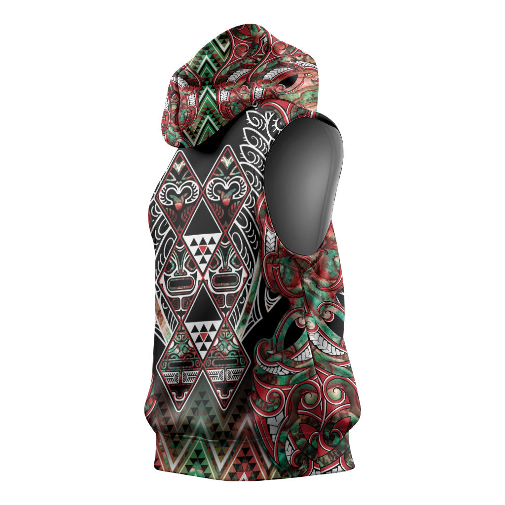 Aotearoa Ngai Tuhoe Sleeveless Hoodie Maori Tribal Red And Green Paua Shell Pattern DT05 - Polynesian Pride