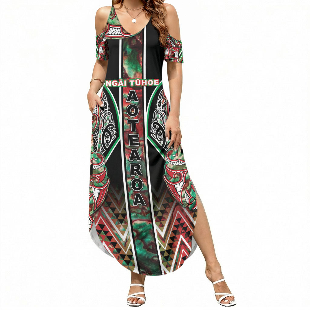 Aotearoa Ngai Tuhoe Summer Maxi Dress Maori Tribal Red And Green Paua Shell Pattern DT05 Women Red - Polynesian Pride
