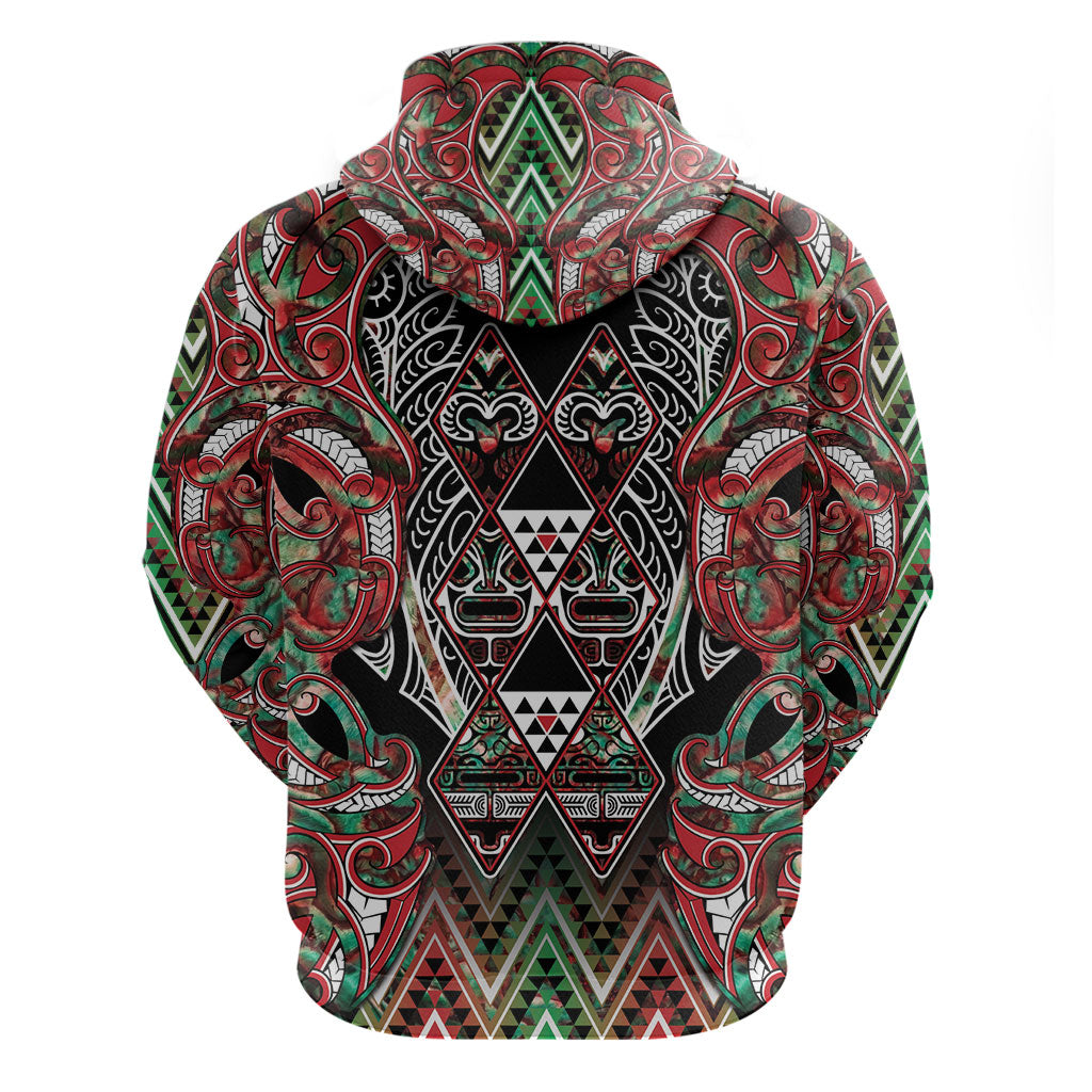 Aotearoa Ngai Tuhoe Zip Hoodie Maori Tribal Red And Green Paua Shell Pattern DT05 - Polynesian Pride