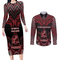 Personalised New Zealand Waitangi Day Couples Matching Long Sleeve Bodycon Dress and Long Sleeve Button Shirt Te Tiriti O Waitangi 1840 DT05 Black - Polynesian Pride